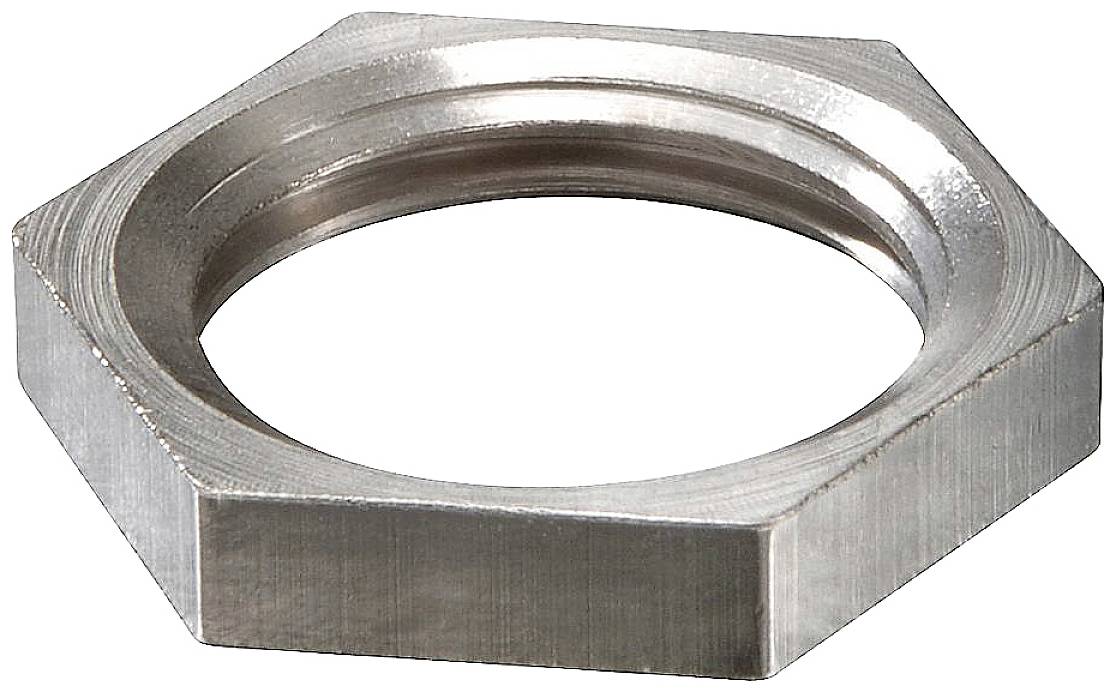 Écrou hexagonal en métal, à finition argentée brillante. Adapté pour les fixations dans des applications techniques ou mécaniques.