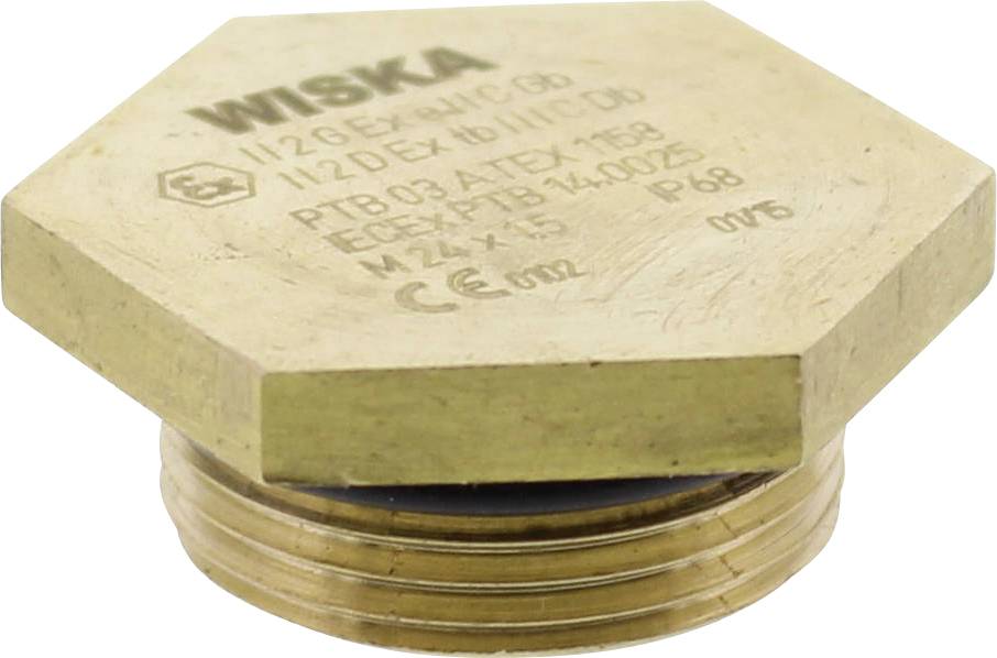 Bouchon hexagonal en laiton avec marquage 'WISKA'. Adapté aux zones à risque d'explosion, certifié ATEX, indice de protection IP68.