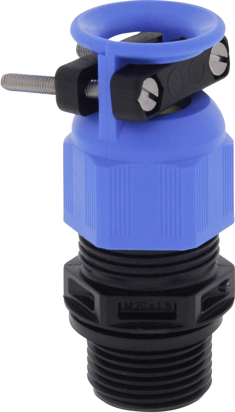 Un capteur ou interrupteur mécanique bleu et noir avec support et vis, probablement destiné à détecter les niveaux de liquide.