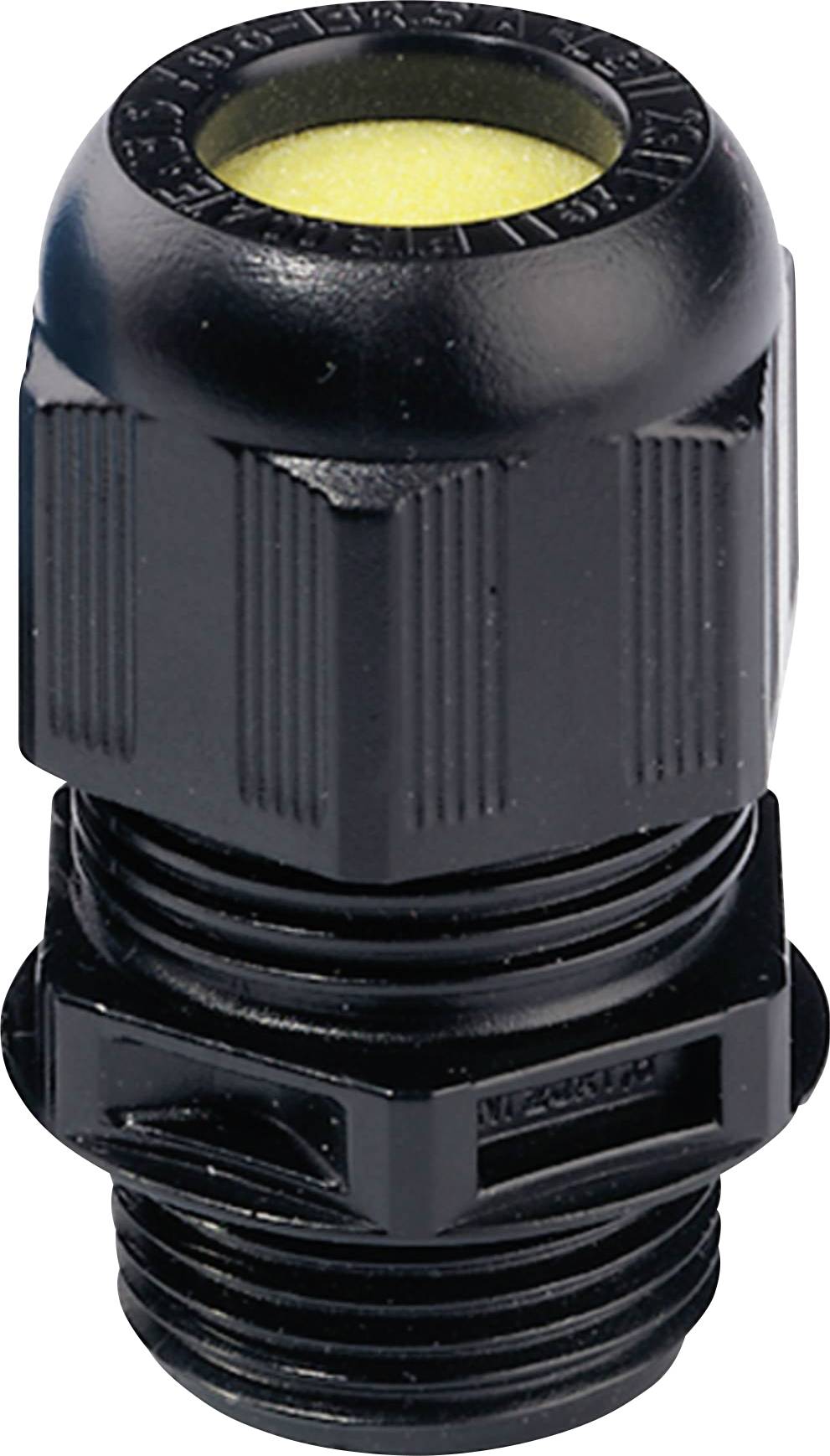 Un presse-étoupe noir avec un boîtier cylindrique rainuré et un sommet texturé pour une fixation sécurisée et une protection des câbles.
