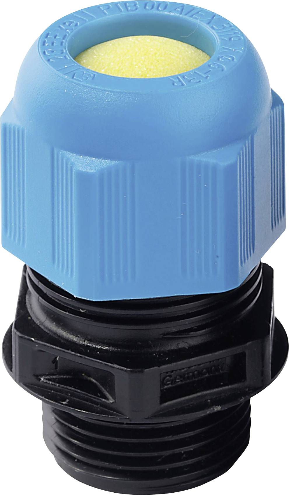 Un embout de câble bleu avec un élément de joints jaune sur un embout fileté strié noir. Composant technique probablement destiné à des applications électriques.