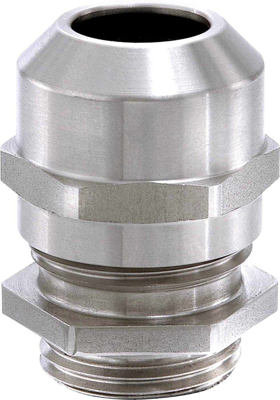 Presse-étoupe métallique avec écrou hexagonal et filetage. Utilisé pour fixer solidement les câbles dans les boîtiers électriques.