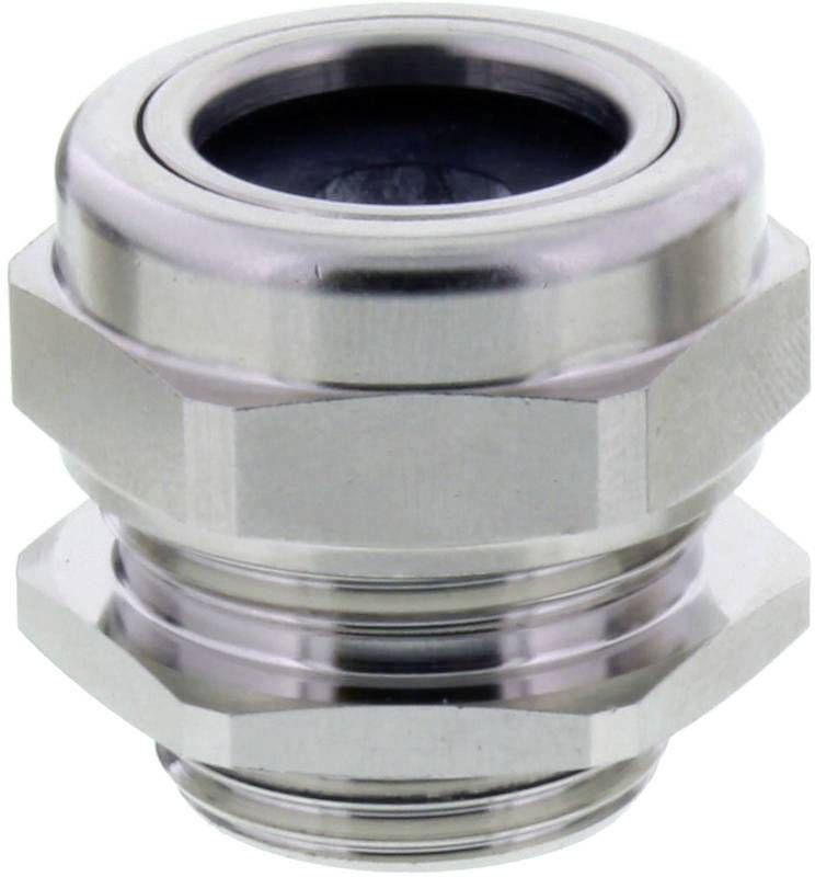 Presse-étoupe cylindrique en acier inoxydable, filetée et avec joint d'étanchéité, destinée à la fixation sécurisée des câbles.