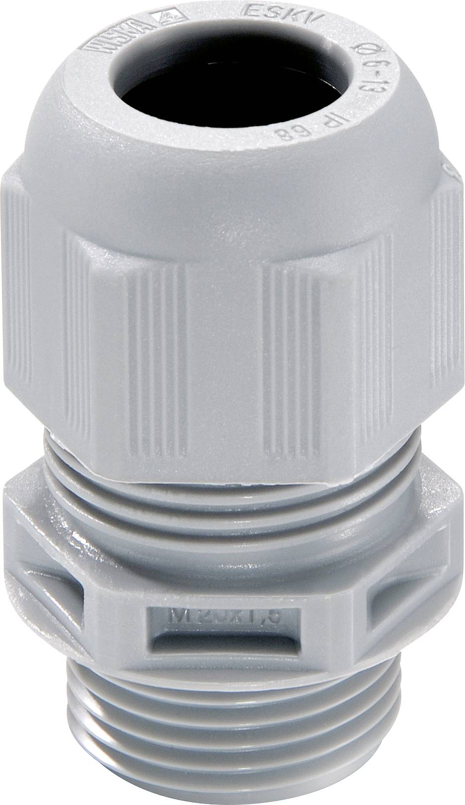 Presse-étoupe en plastique gris avec filetage et écrou hexagonal, adapté pour un passage de câble sécurisé.