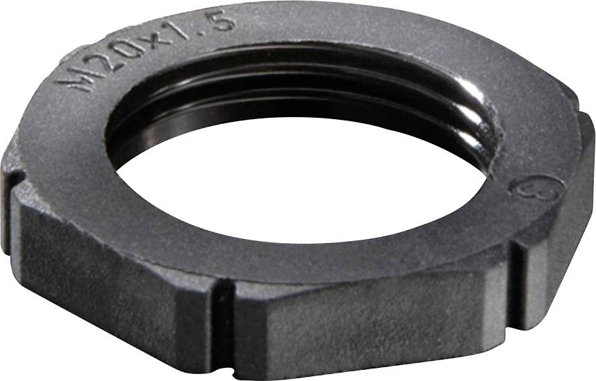 Écrou hexagonal M20x1,5 en métal noir, présentant le filetage et la structure.