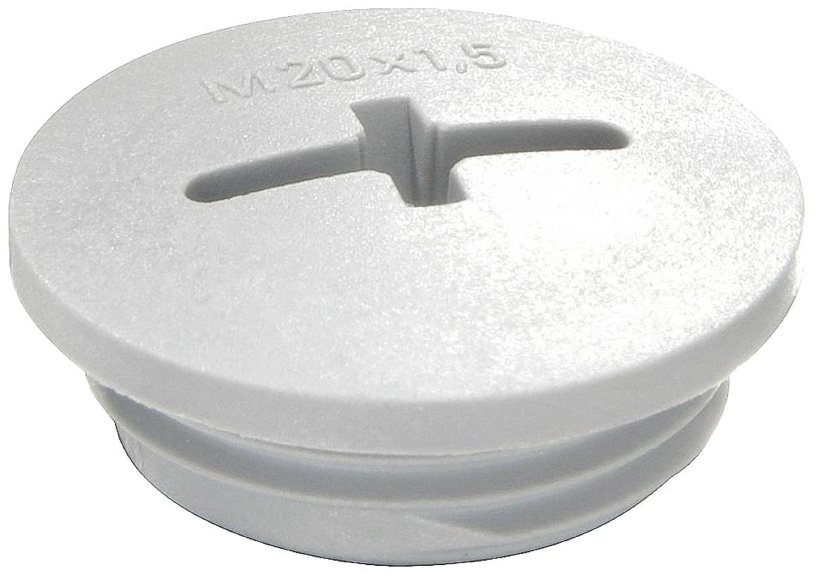 Un composant en plastique blanc et rond, doté d'un filetage M20x1,5 et d'une insertion en forme de fente sur le dessus, probablement un bouchon d'obturation.
