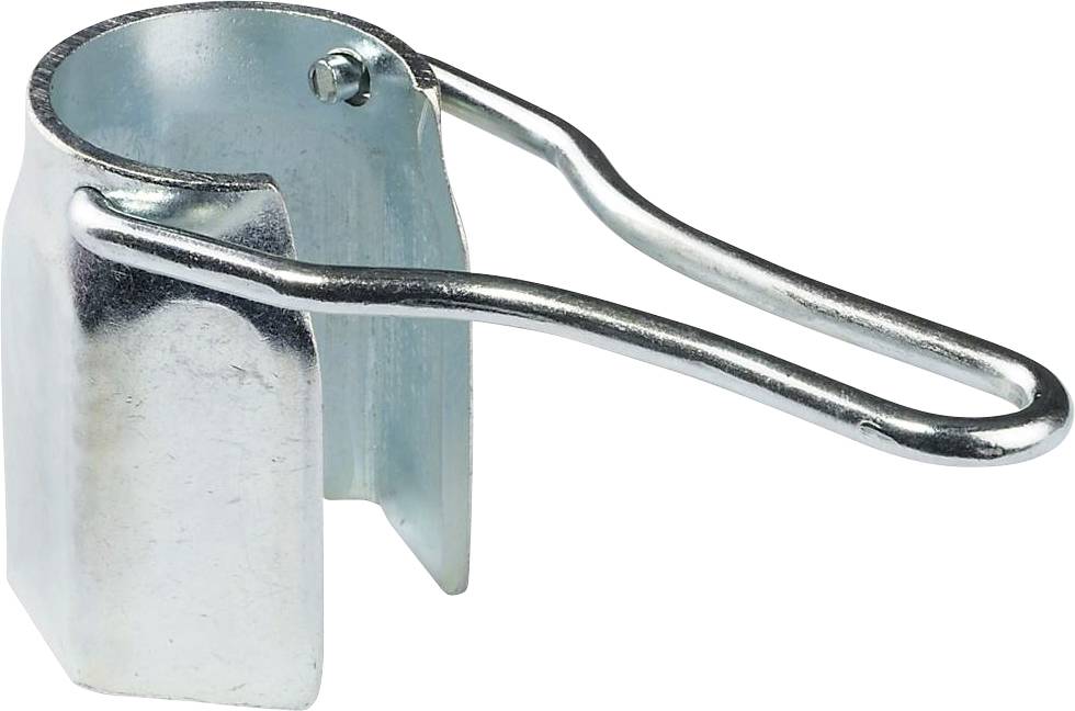 Pince de maintien métallique en acier courbé, adaptée pour fixer des câbles de nettoyage.