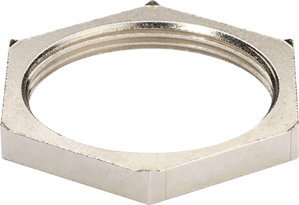 Écrou hexagonal en métal argenté avec filetage intérieur, utilisé pour fixer des composants dans des constructions mécaniques.