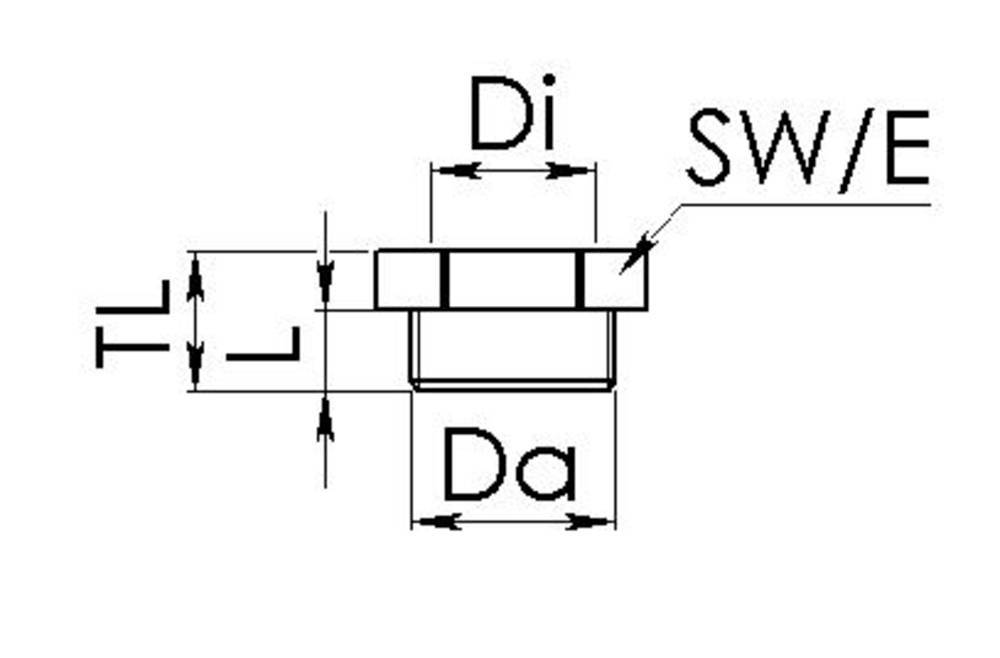 Dessin technique d'un composant avec annotations : 'Di' pour diamètre intérieur, 'Da' pour diamètre extérieur, 'SW/E' pour largeur de clé, 'TL' pour longueur.