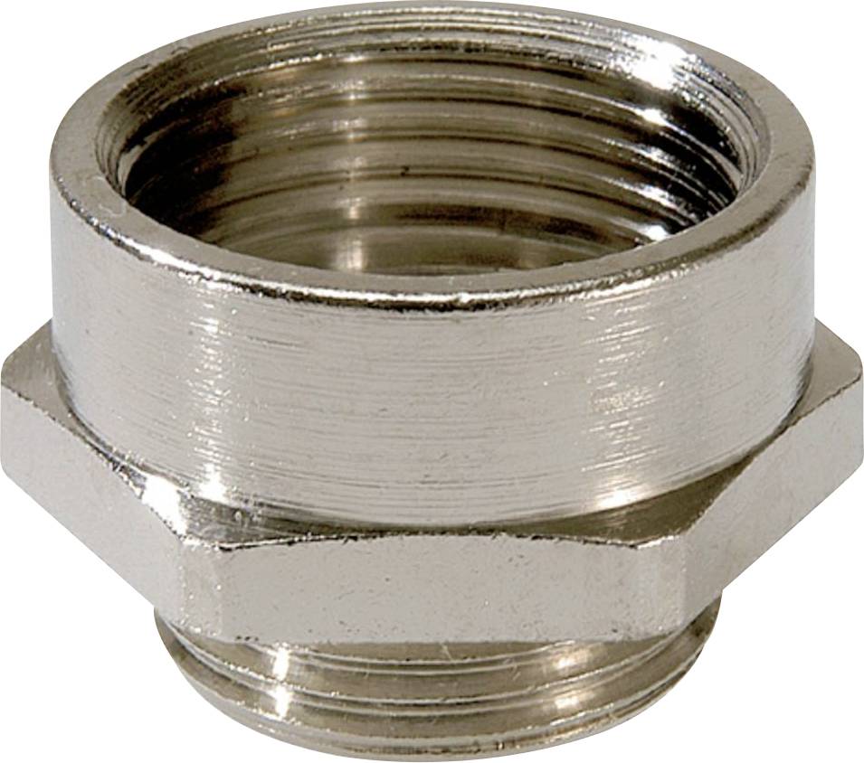 Adaptateur métallique fileté, cylindrique, de couleur argentée, utilisé pour raccorder deux tuyaux ou conduites.