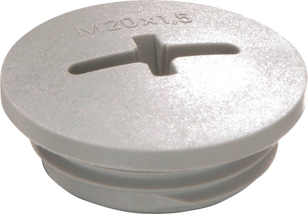 Vis à tête plate en plastique rond avec une empreinte cruciforme. Marquée 'M20 x 1.5' sur le dessus.