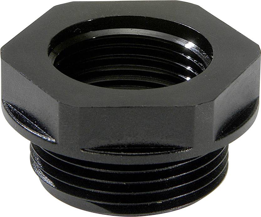 Écrou hexagonal noir en métal fileté, adapté pour tubes ou tuyaux.