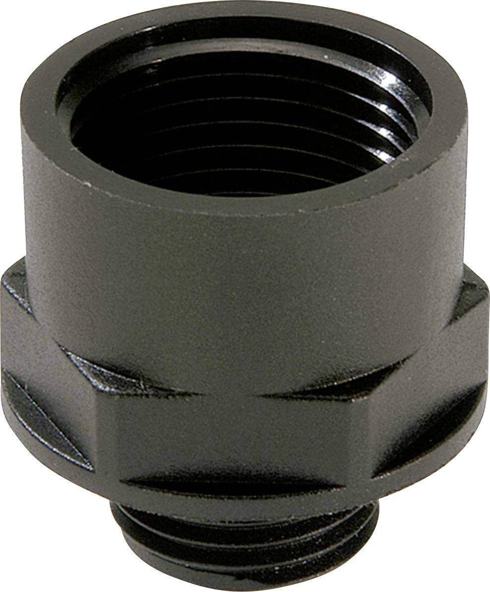 Raccord métallique noir fileté, de forme cylindrique. Utilisé pour connecter des tuyaux ou des flexibles dans des applications techniques.