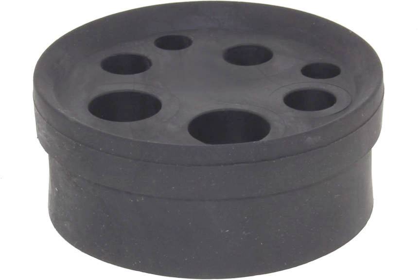 Embout de passage en caoutchouc noir avec plusieurs trous de différentes tailles. Utilisé pour le scellement ou la protection des câbles et des conduites.