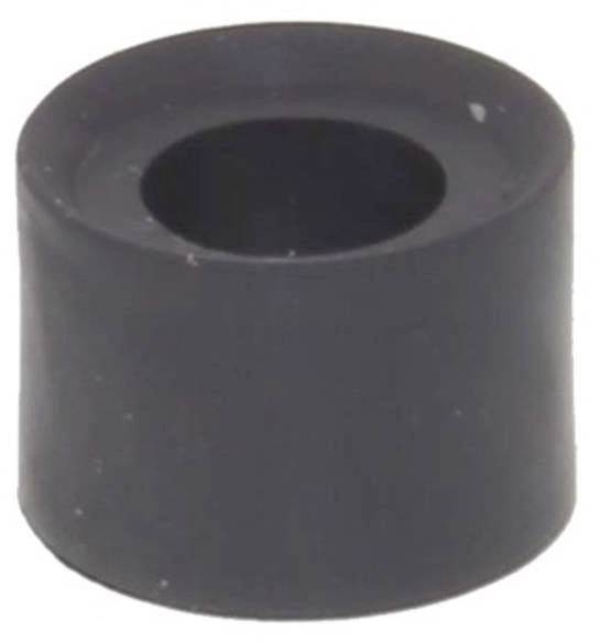 Bouchon de caoutchouc noir, cylindrique, avec un trou central, utilisé pour l'amortissement ou comme entretoise.