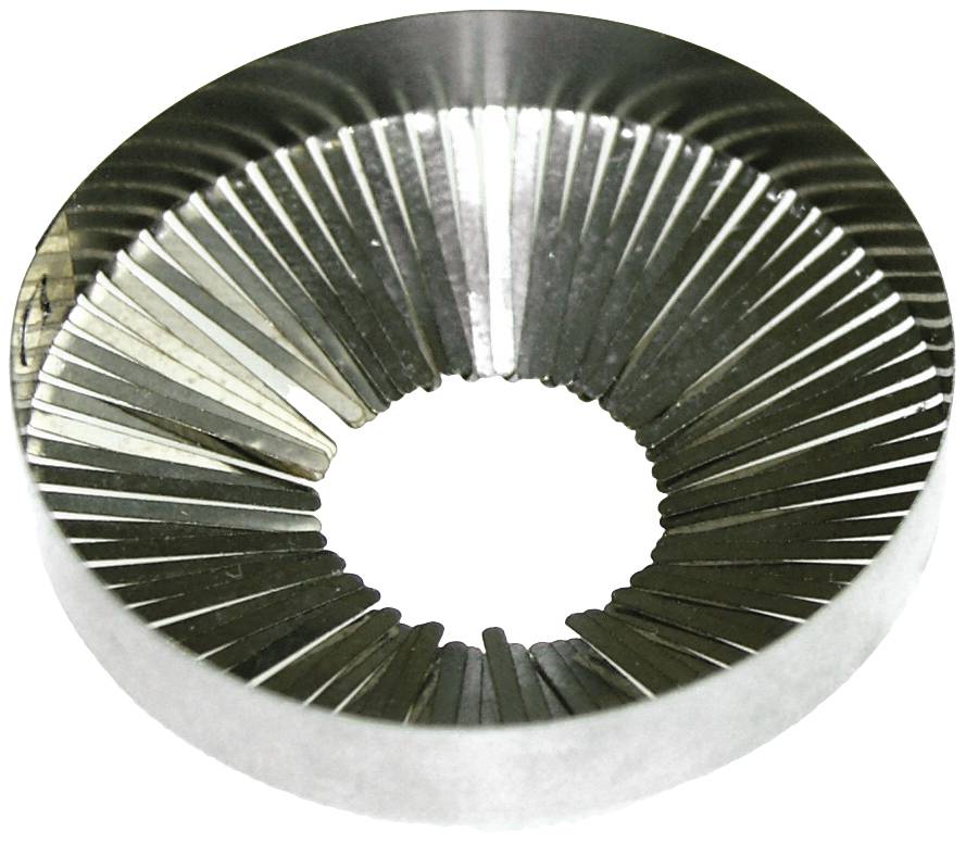 Un ressort métallique circulaire doté de fentes radiales s'amincissant de manière conique vers l'intérieur, formant une structure annulaire avec un centre ouvert.