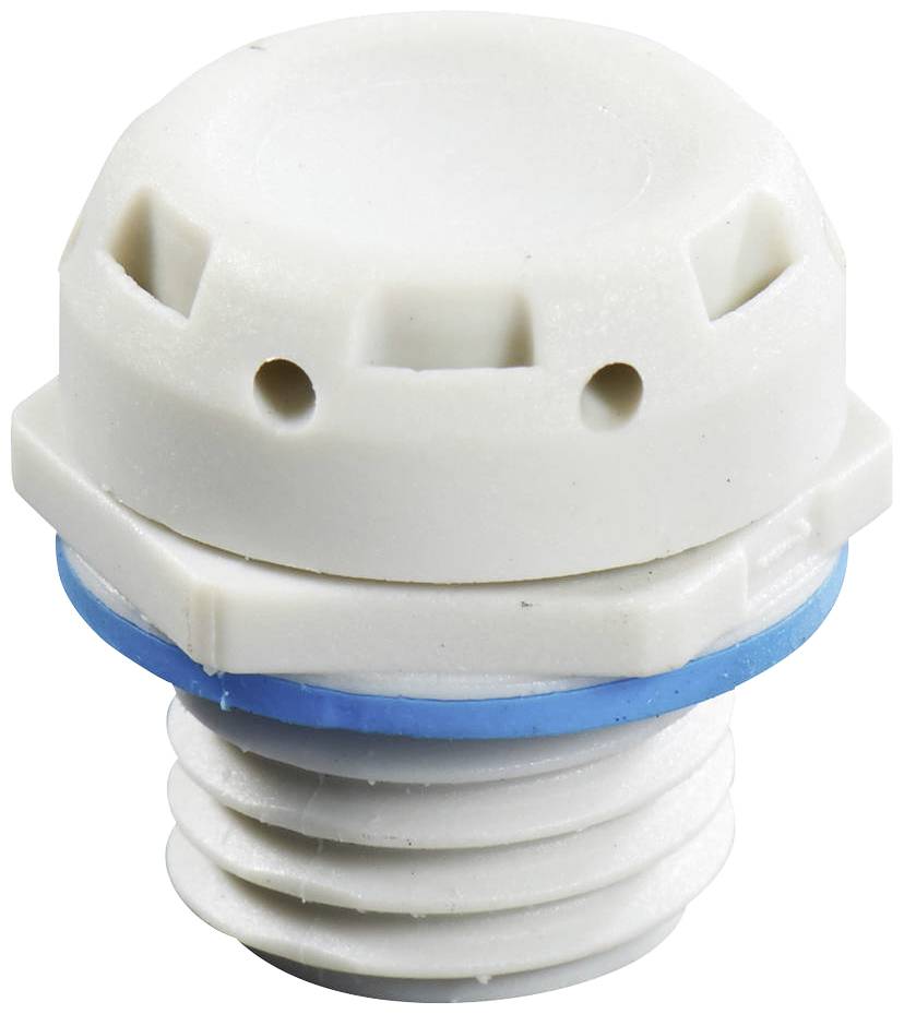 Un élément en plastique blanc, de forme cylindrique, avec un joint d'étanchéité bleu et plusieurs trous dans sa moitié supérieure, probablement un filtre ou un élément de ventilation.