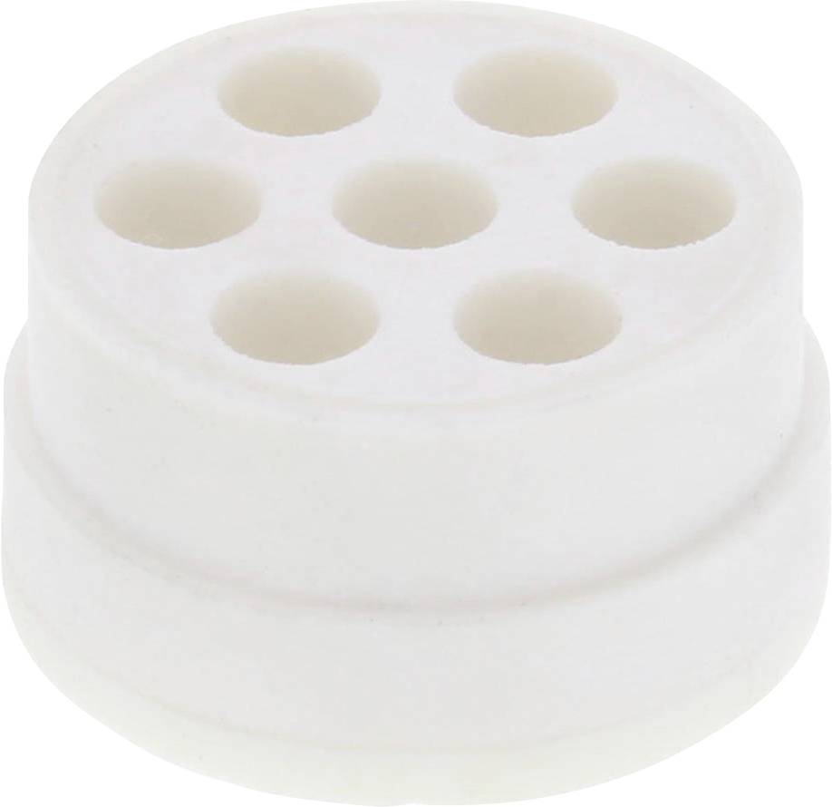 Un aérateur de robinet blanc, rond, avec six trous pour réguler le débit d'eau.