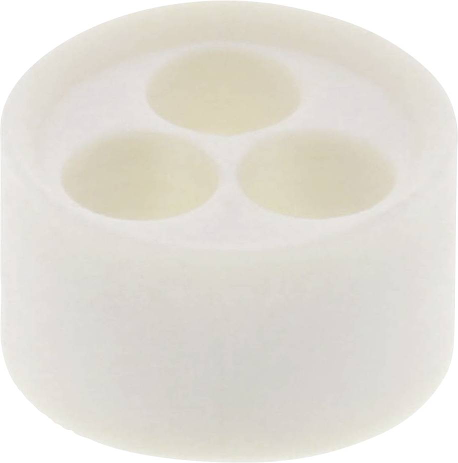 Capuchon cylindrique blanc en plastique avec trois enfoncements circulaires sur le dessus.