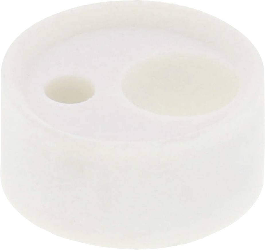 Pièce cylindrique blanche en plastique avec deux ouvertures circulaires de tailles différentes.