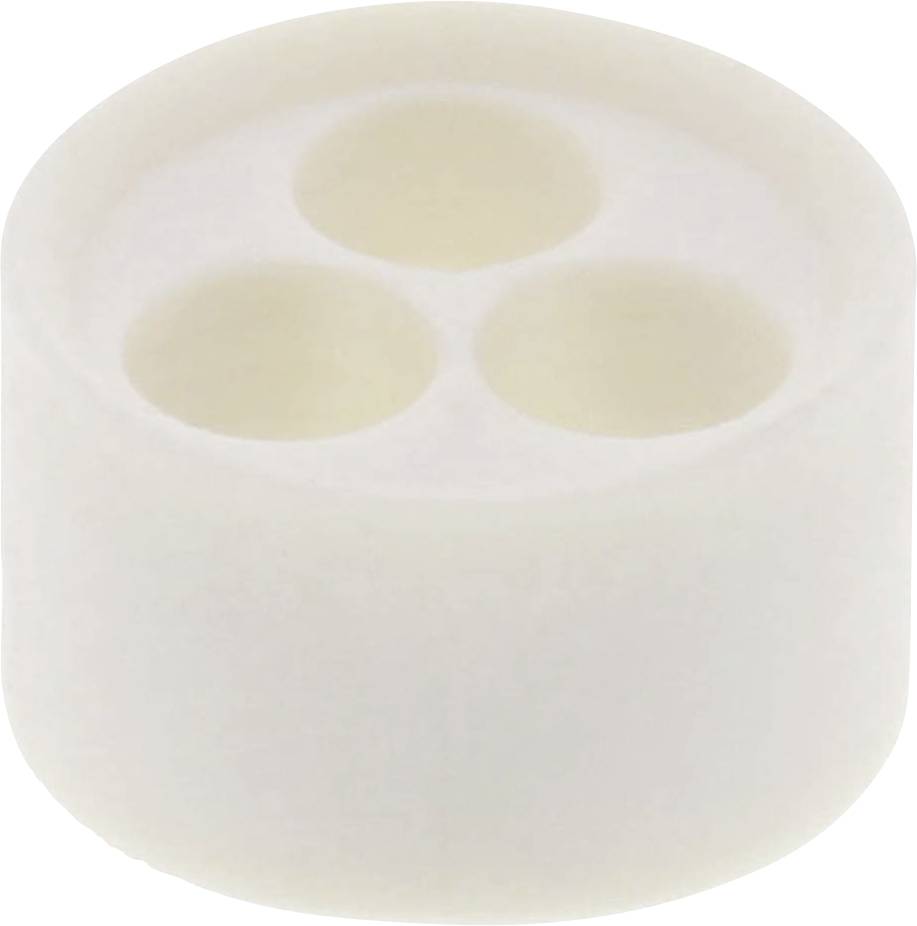 Insert en plastique blanc avec trois cavités circulaires en haut, pouvant être utilisé pour maintenir des objets ou comme séparateur.