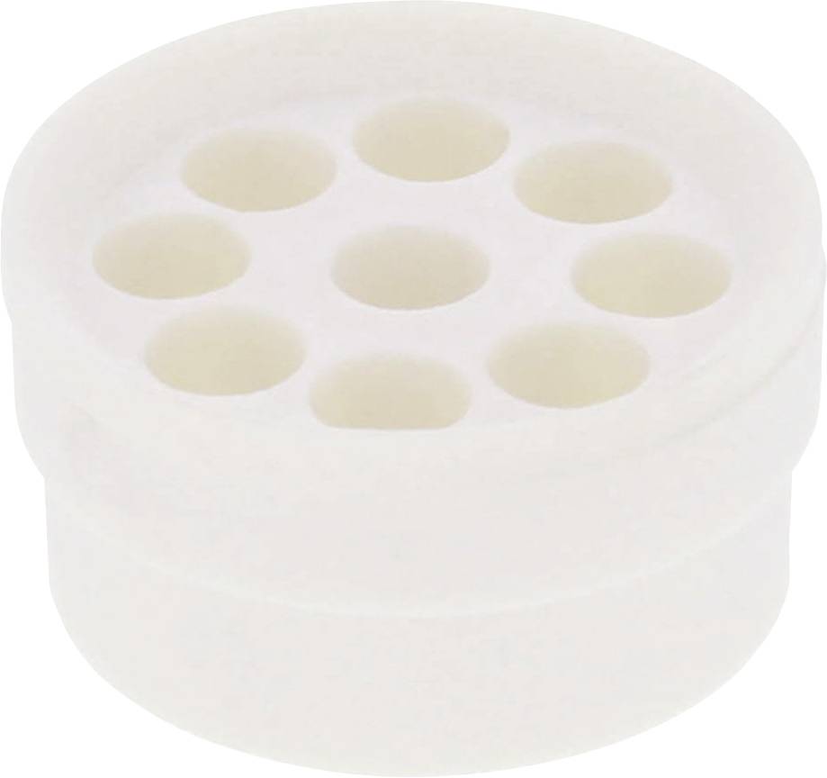 Un objet rond blanc avec huit trous répartis uniformément.