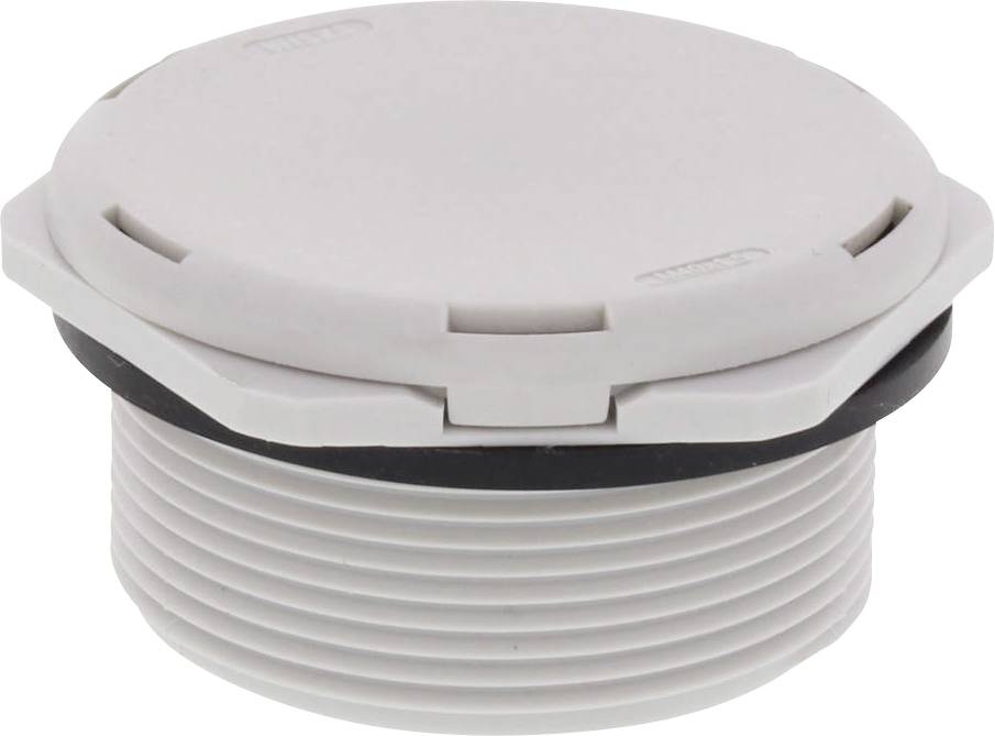 Un bouchon rond gris fileté, probablement utilisé pour des installations sanitaires ou de chauffage.