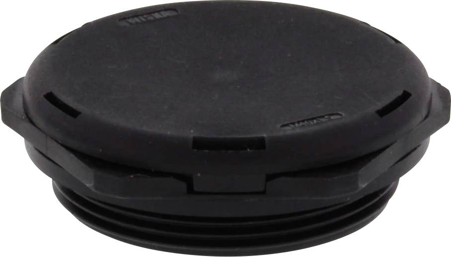 Bouchon fileté en plastique noir au profil plat. Utilisé pour l'étanchéité ou la fermeture d'ouvertures.
