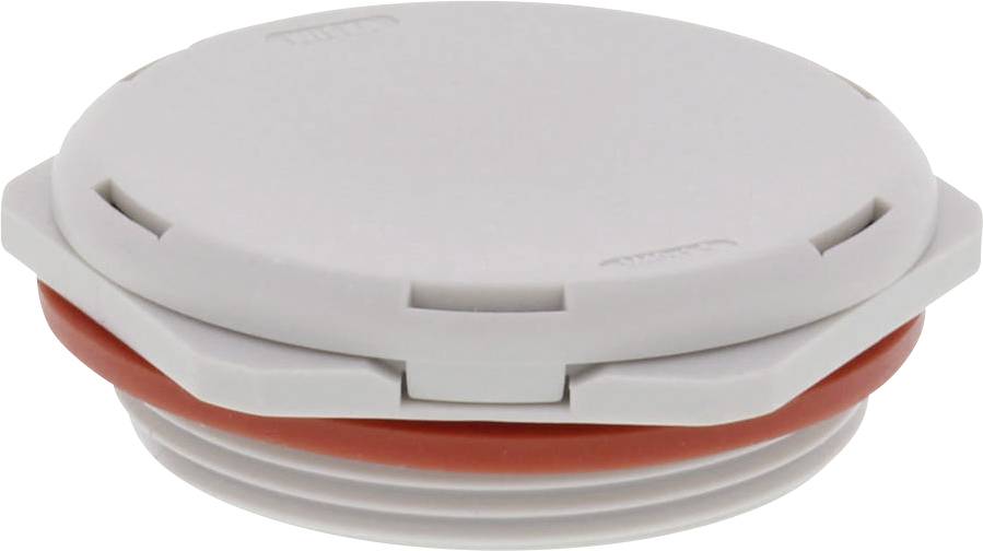 Un bouchon rond en plastique gris avec un joint d'étanchéité rouge montre un capuchon qui semble destiné à sceller des contenants.