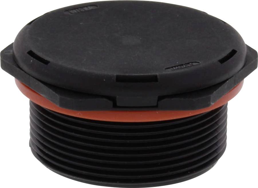 Bouchon en plastique noir avec joint d'étanchéité orange et filetage, probablement un obturateur de canalisation ou de tuyau.