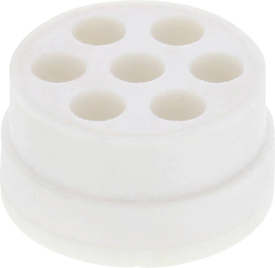 Un adaptateur en plastique blanc rond avec six ouvertures circulaires sur le dessus, utilisé pour des connexions spécifiques.