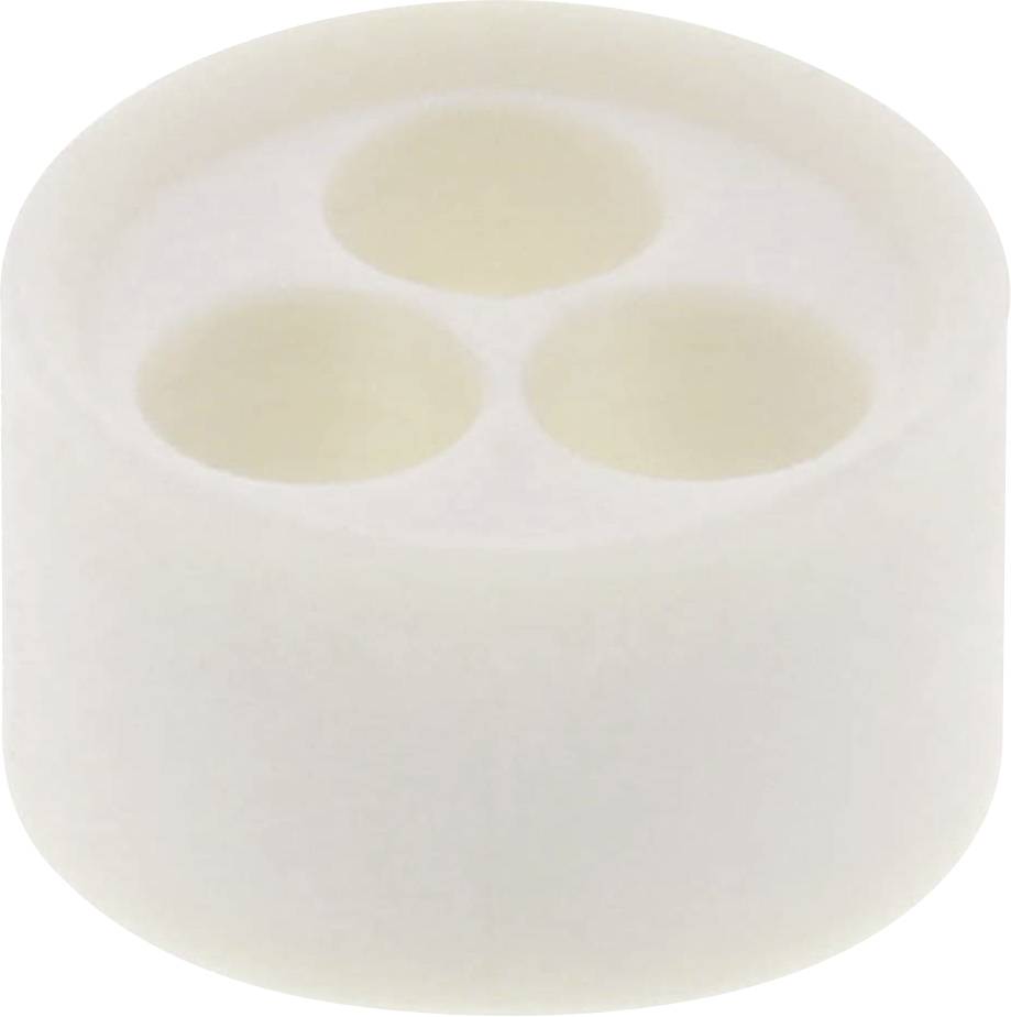 Objet cylindrique blanc avec trois cavités circulaires sur sa surface supérieure.