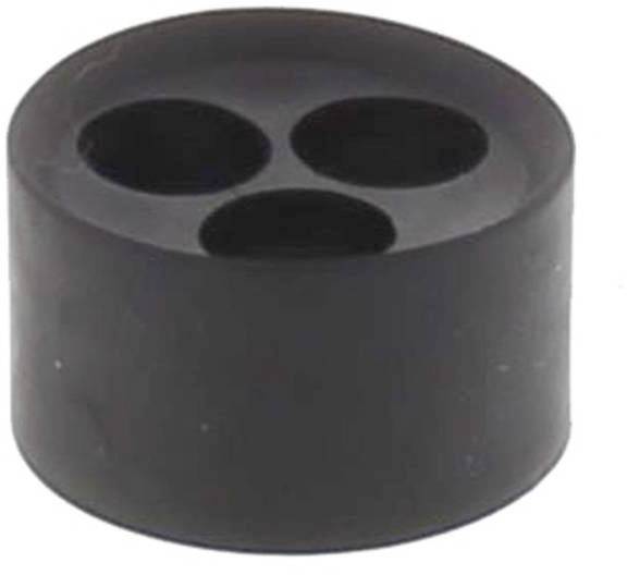 Pied en caoutchouc noir cylindrique avec trois ouvertures circulaires sur la surface supérieure, utilisé comme protection contre les chocs ou amortisseur.