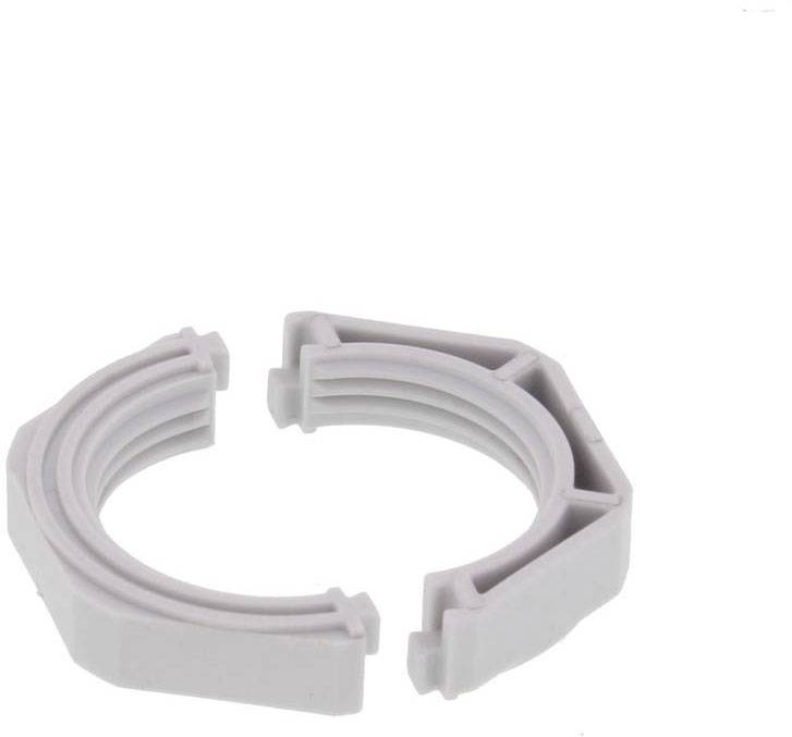 Un support ou clip gris en plastique avec un design cylindrique ouvert. Probablement une partie d'un dispositif technique ou électronique.