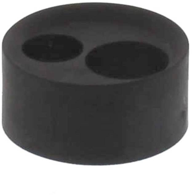 Pièce ronde en caoutchouc noir à deux trous, probablement un joint ou un bouchon avec deux ouvertures de tailles différentes.