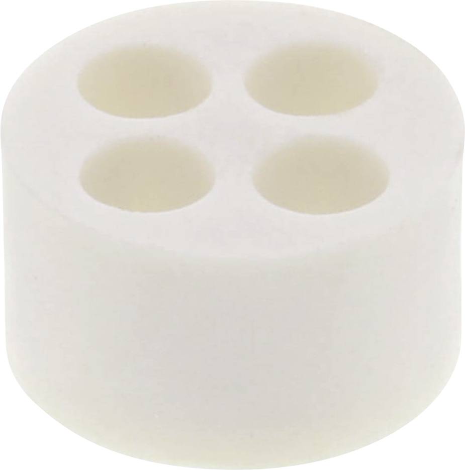 Un objet rond et blanc présentant quatre cavités régulièrement réparties sur sa surface supérieure, probablement un support ou un couvercle.