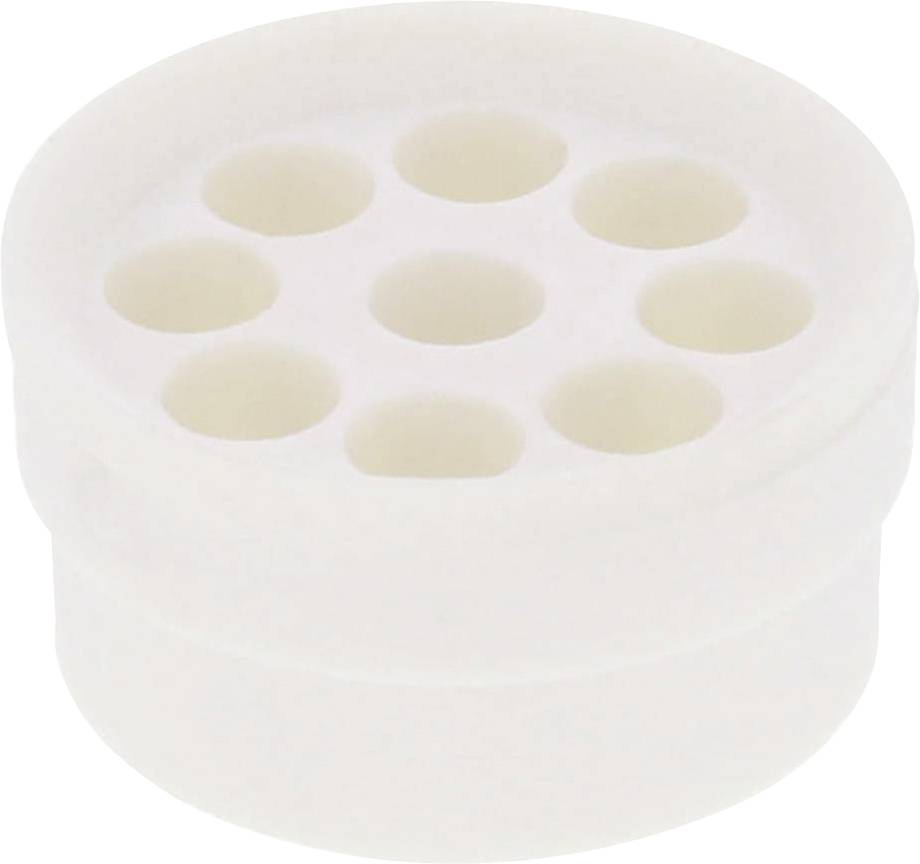 Pièce ronde en plastique blanc avec sept trous sur sa surface supérieure, ressemblant à un passe-câble ou à un adaptateur technique.