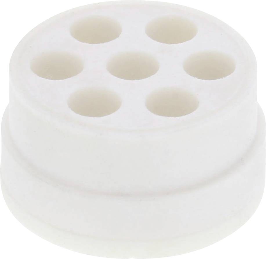 Embout cylindrique blanc en plastique avec sept trous sur le dessus, probablement un composant d'un appareil ménager.