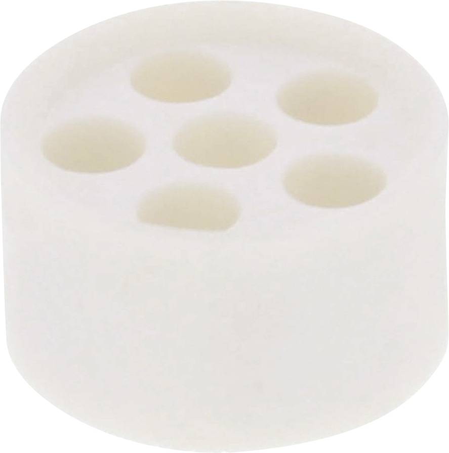 Un support cylindrique blanc en plastique avec cinq cavités rondes sur le dessus, probablement destiné à ranger de petits objets.