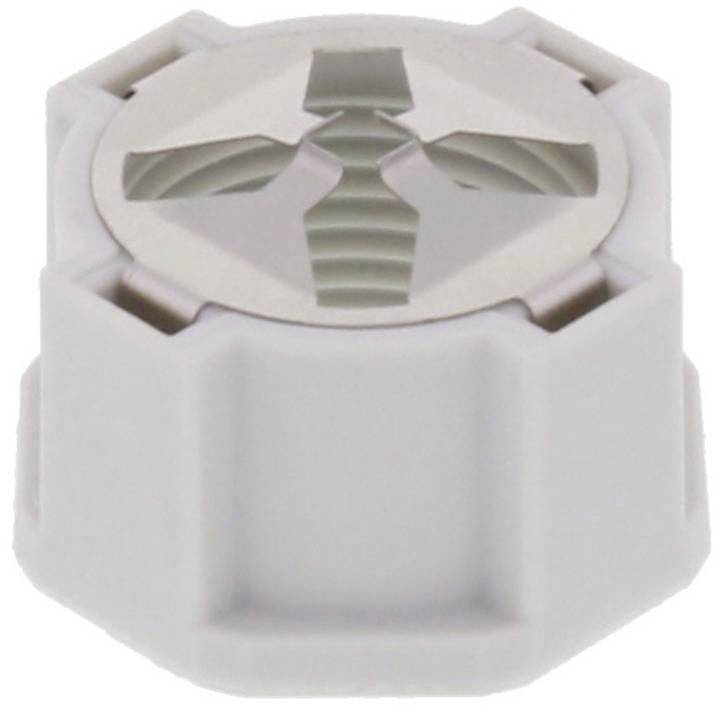 Un bouchon en plastique blanc hexagonal avec une marque en croix sur le dessus, probablement utilisé pour une bouteille ou comme capuchon de fermeture.