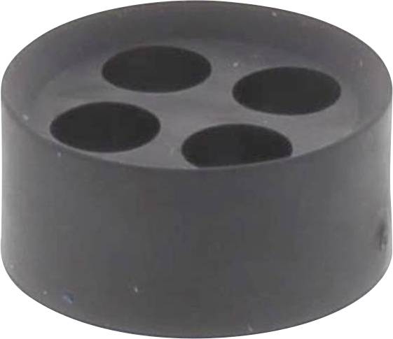 Objet noir, rond, avec quatre trous circulaires ; pourrait être un support ou un joint.