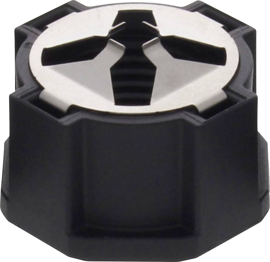Un bouton rotatif noir en plastique avec un insert métallique antidérapant sur le dessus.