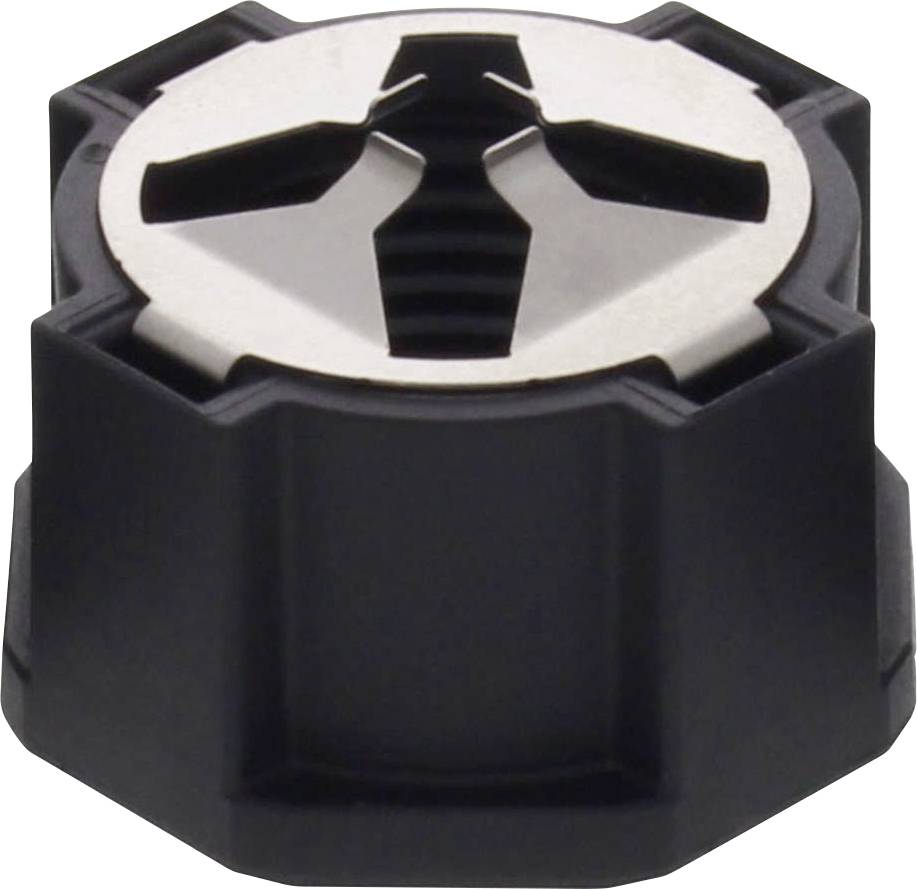 Bouton rotatif noir avec insert argenté, design en forme d'étoile sur la surface supérieure, probablement destiné à des appareils électroniques ou des machines.