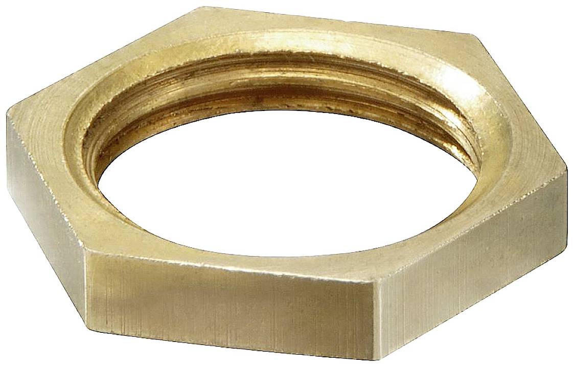 Écrou hexagonal en métal, de couleur dorée, posé à plat sur une surface blanche.