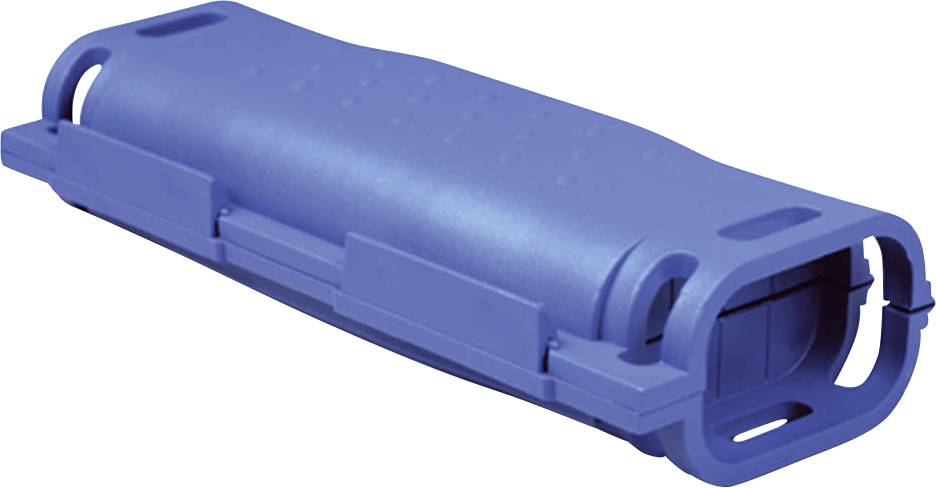 Un boîtier en plastique bleu, rectangulaire, aux coins arrondis, avec des ouvertures sur les côtés, probablement une partie d'un dispositif plus grand.