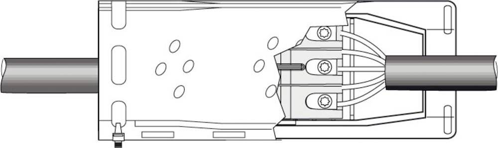 Dessin technique d'un connecteur de câble montrant un câble avec des contacts métalliques et un capot de protection. Certaines parties du boîtier sont représentées de manière transparente.