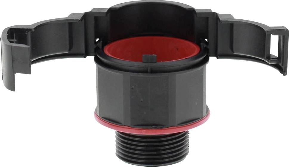 Adaptateur en plastique noir avec anneau intérieur rouge et bras de fixation latéraux ouverts.