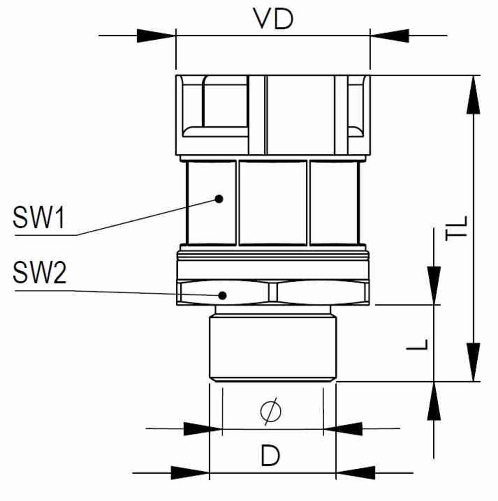 Dessin technique d'une pièce cylindrique de raccordement avec les dimensions VD, TL, SW1, SW2, L et D, détails pertinents concernant la configuration.