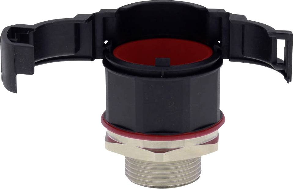 Écrou en plastique avec corps noir et joint d'étanchéité rouge, à visser.