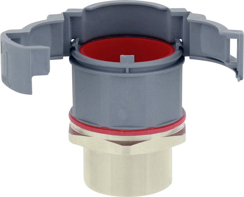 Un adaptateur en plastique gris et rouge avec un raccordement métallique. L'adaptateur possède deux pattes latérales rabattables.